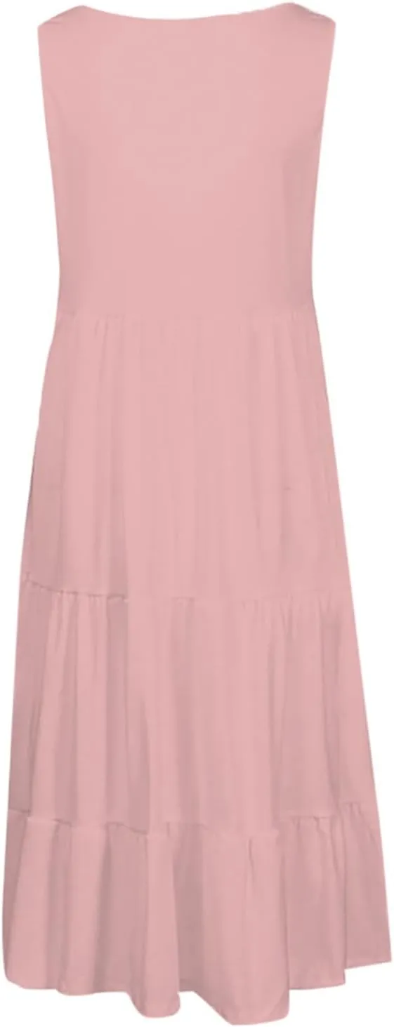 Summer Dresses for Women 2025 Vacation Sleeveless Crewneck Mini Tank Dress Tiered Ruffle Flowy Beach Sundresses
