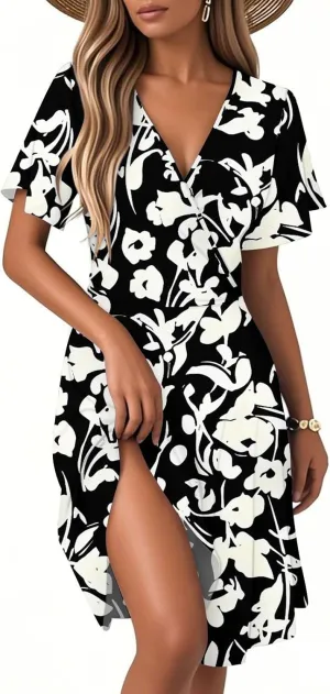 Summer Dresses for Women 2025 Wrap V Neck Floral Printed Sundresses Flowy Dress Short Sleeve Beach Vacation Dress