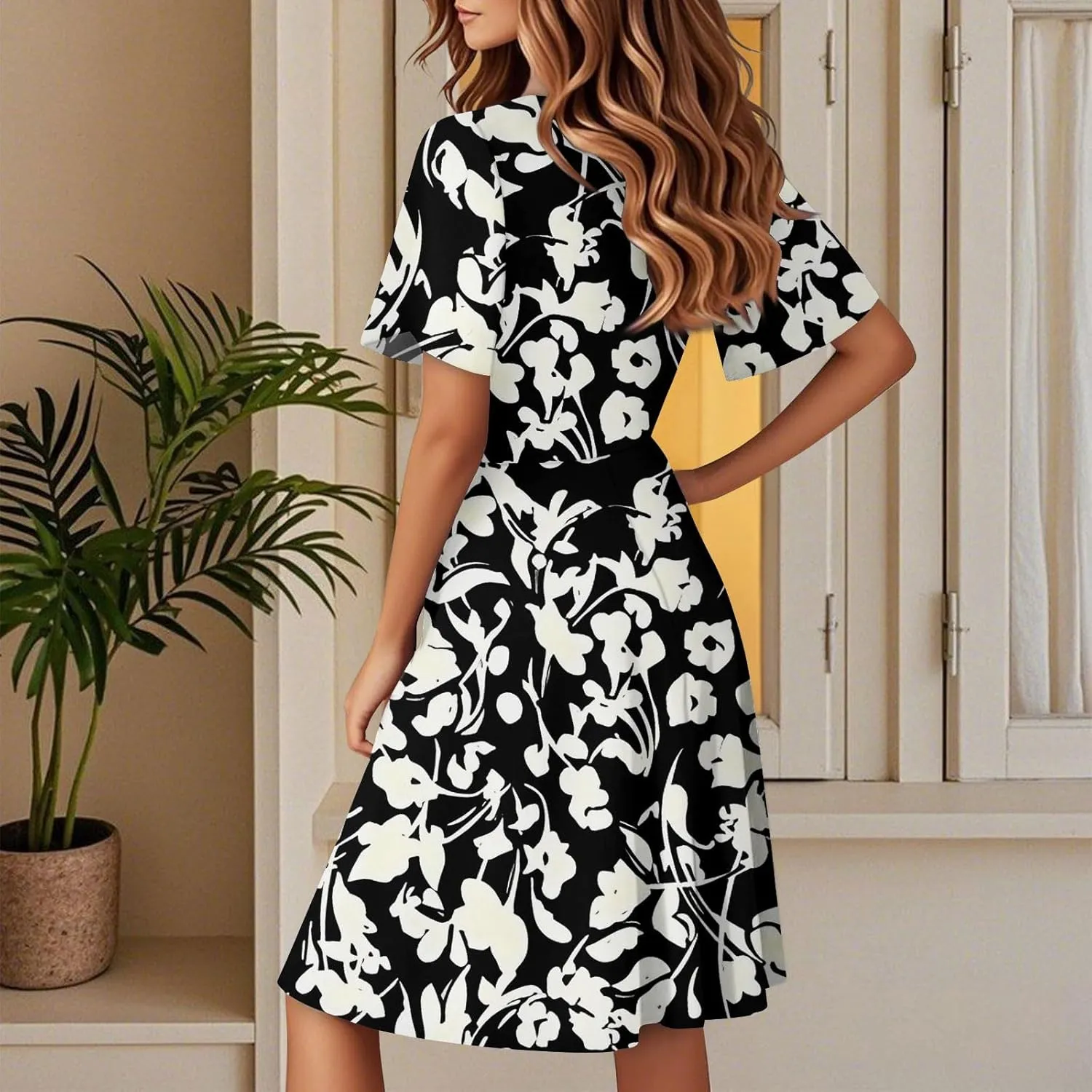 Summer Dresses for Women 2025 Wrap V Neck Floral Printed Sundresses Flowy Dress Short Sleeve Beach Vacation Dress