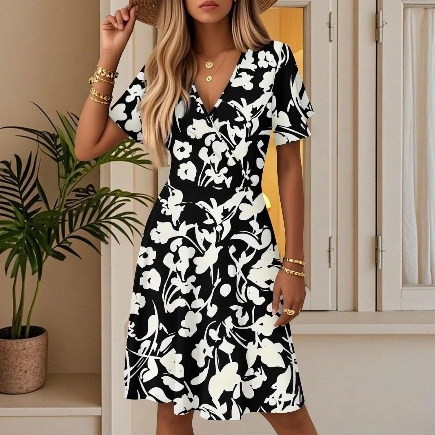 Summer Dresses for Women 2025 Wrap V Neck Floral Printed Sundresses Flowy Dress Short Sleeve Beach Vacation Dress
