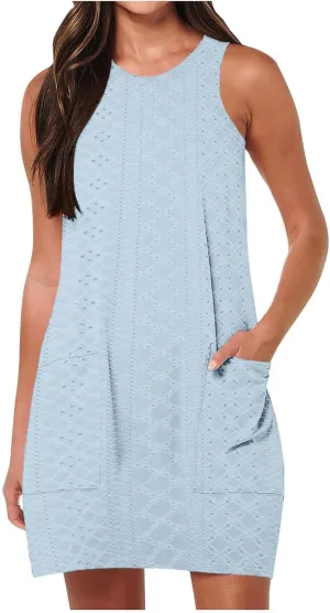 Summer Dresses for Women Casual Round Neck Sleeveless Mini Dress Loose Fit Texture Hollow Out A Line Beach Sundress