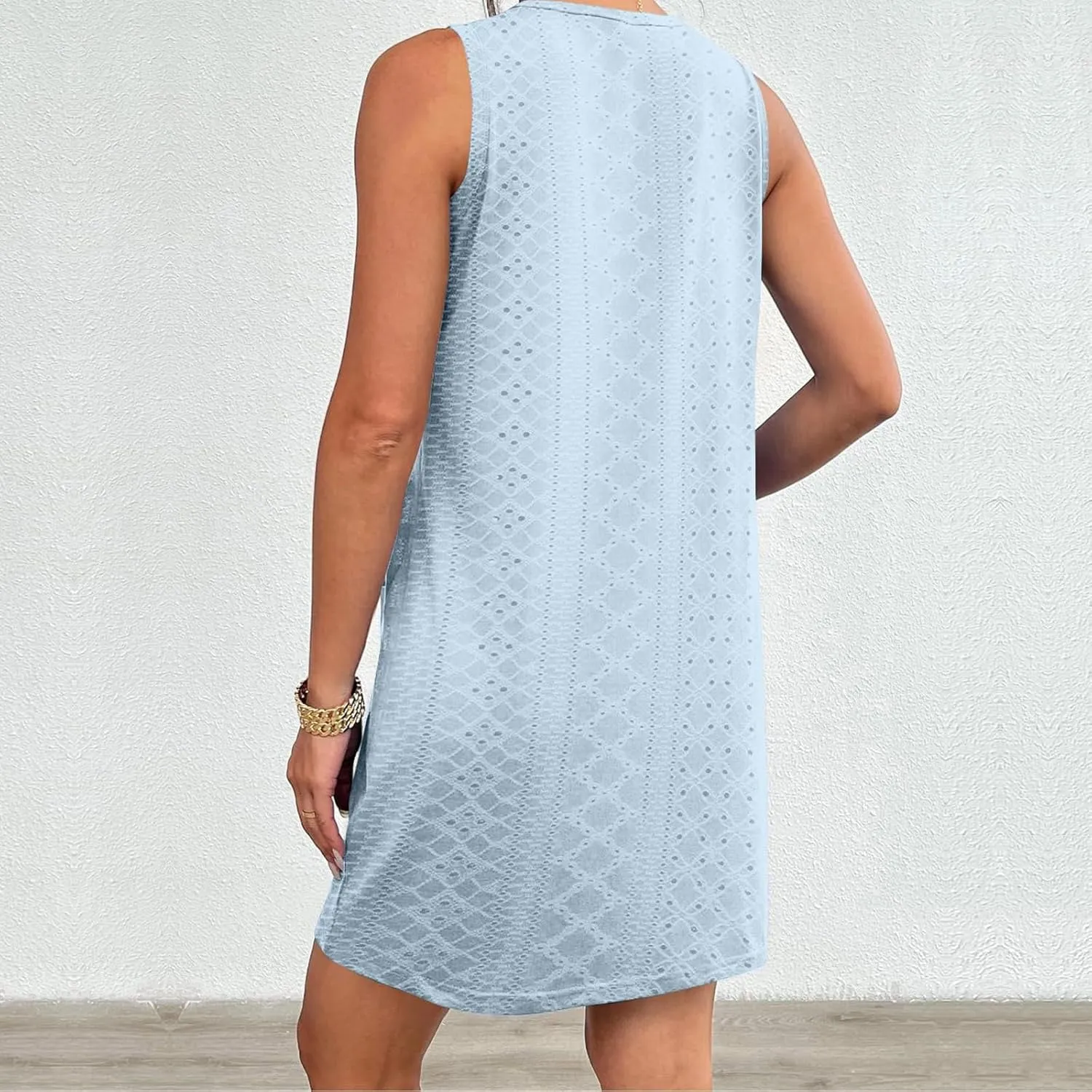 Summer Dresses for Women Casual Round Neck Sleeveless Mini Dress Loose Fit Texture Hollow Out A Line Beach Sundress