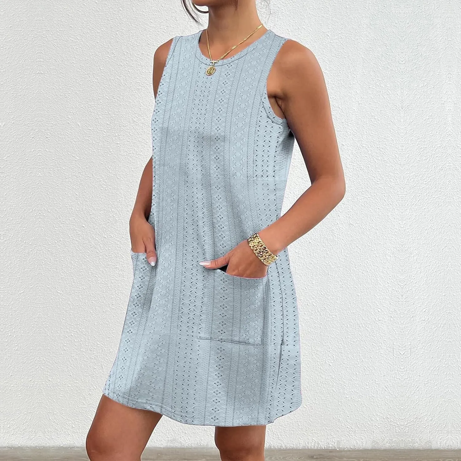 Summer Dresses for Women Casual Round Neck Sleeveless Mini Dress Loose Fit Texture Hollow Out A Line Beach Sundress