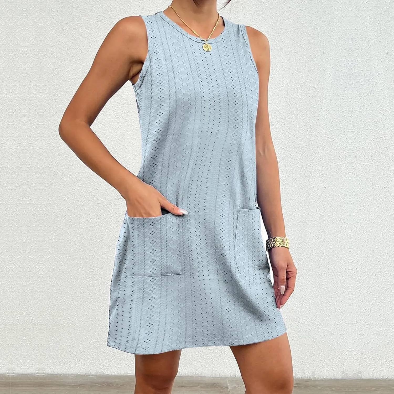 Summer Dresses for Women Casual Round Neck Sleeveless Mini Dress Loose Fit Texture Hollow Out A Line Beach Sundress