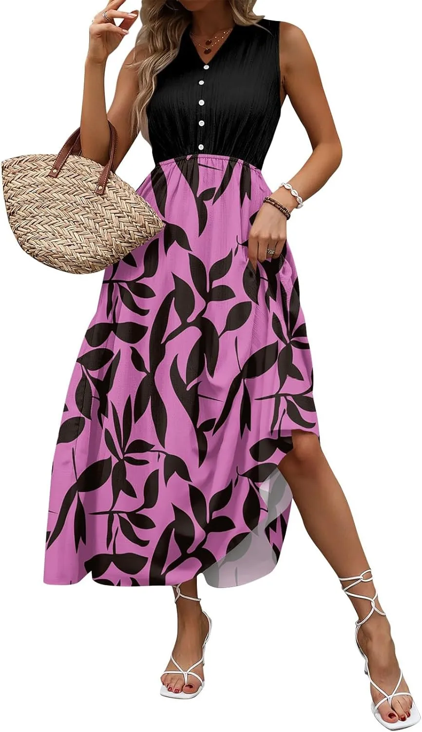 Summer Dresses for Women Casual Sleeveless Dresses Beach Flowy V Neck Tank Sundresses 2025 Fashion Holiday Dresses