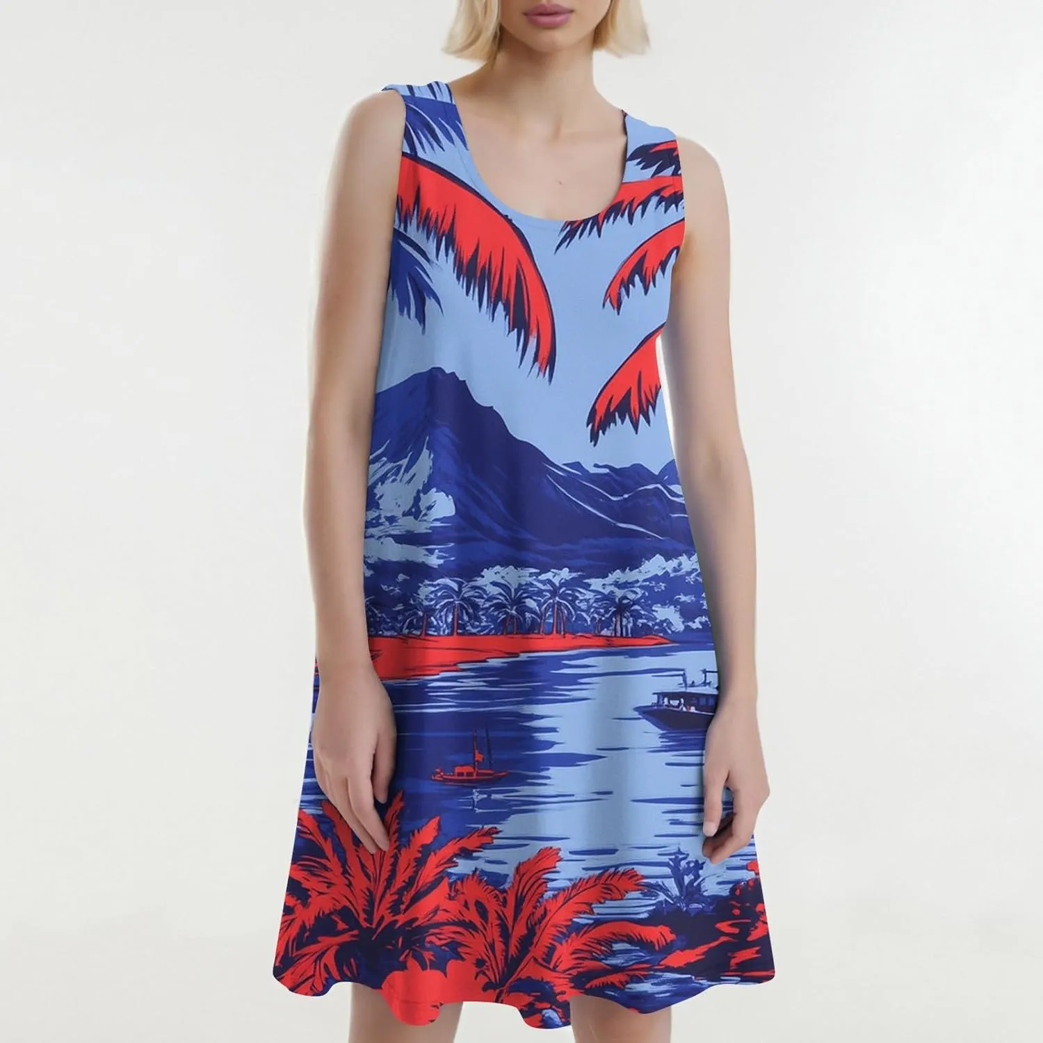 Summer Dresses for Women Hawaiian Casual Trendy Patterned Boho Sleeveless Pockets A-Line Beach Mini Tank Sundress