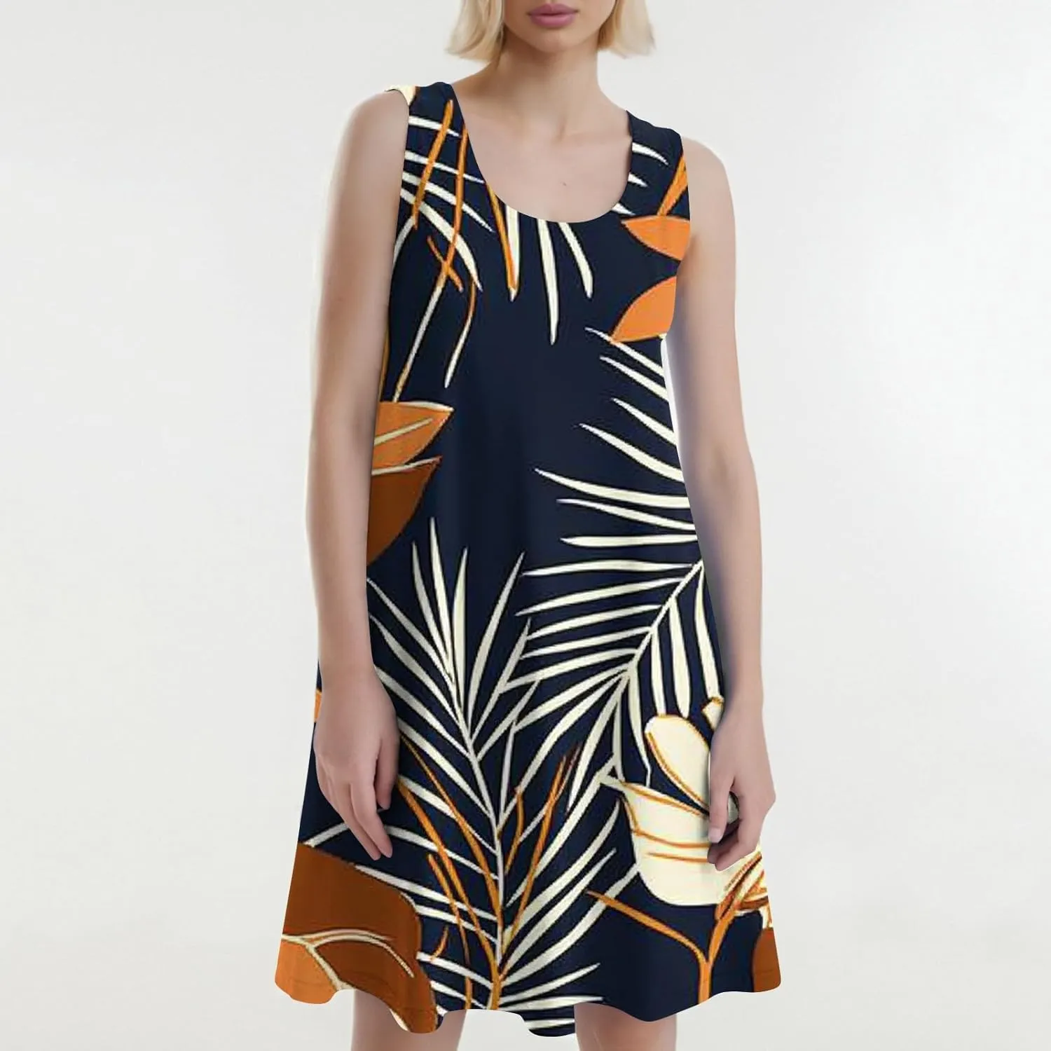 Summer Dresses for Women Hawaiian Casual Trendy Patterned Boho Sleeveless Pockets A-Line Beach Mini Tank Sundress