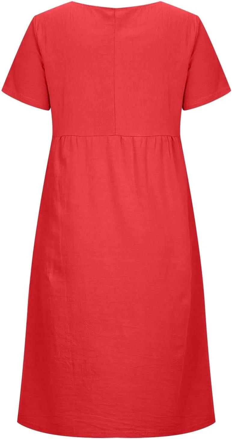 Summer Dresses for Women Short Sleeve High Waist Pleated Long Dress Loose Solid Casual Midi Dress with Pockets