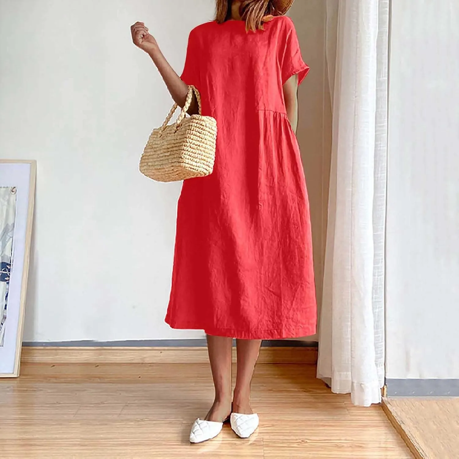Summer Dresses for Women Short Sleeve High Waist Pleated Long Dress Loose Solid Casual Midi Dress with Pockets