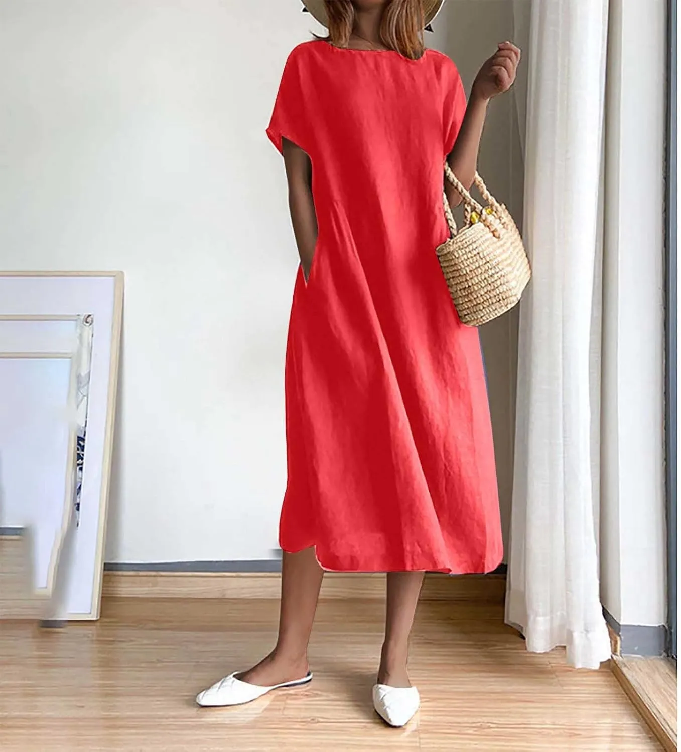 Summer Dresses for Women Short Sleeve High Waist Pleated Long Dress Loose Solid Casual Midi Dress with Pockets