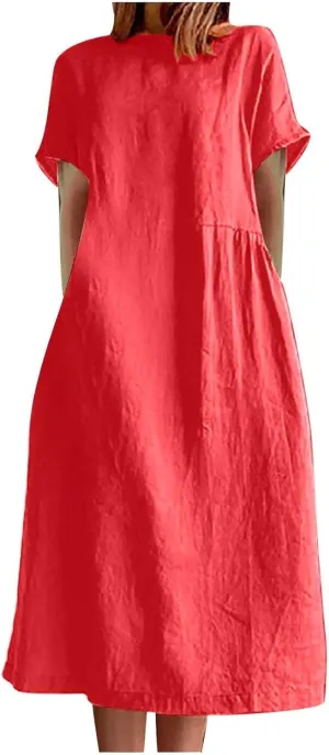 Summer Dresses for Women Short Sleeve High Waist Pleated Long Dress Loose Solid Casual Midi Dress with Pockets