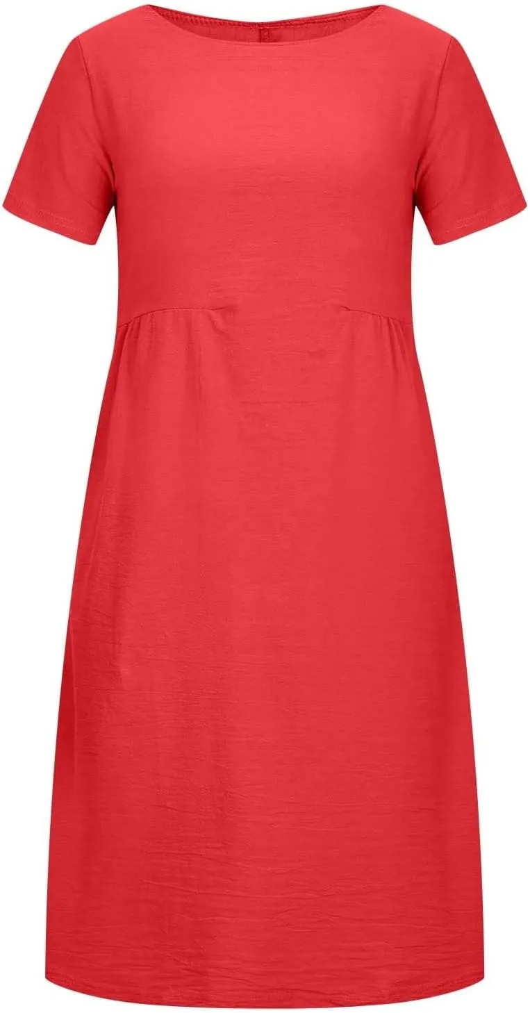 Summer Dresses for Women Short Sleeve High Waist Pleated Long Dress Loose Solid Casual Midi Dress with Pockets