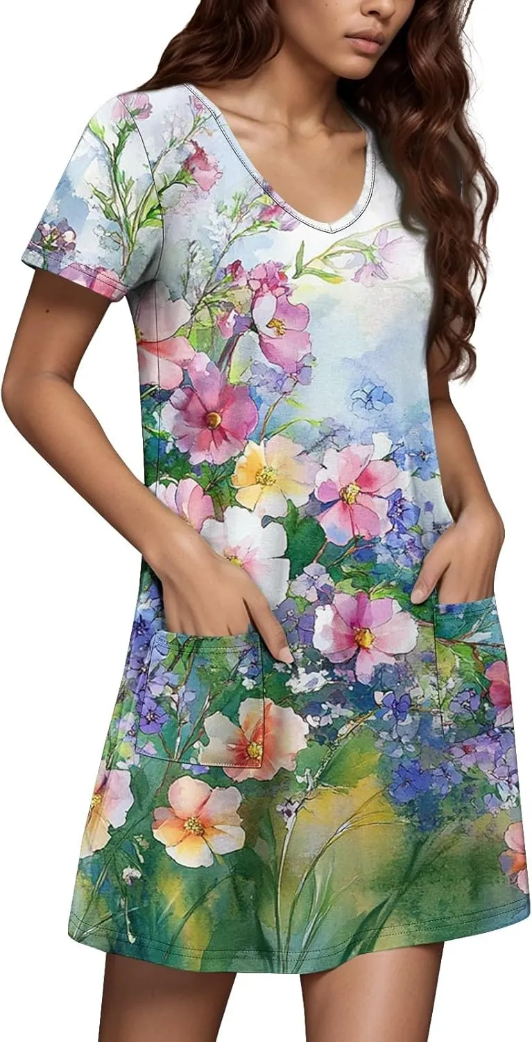 Summer Dresses for Women V Neck Swimsuit Coverup Floral Sundresses Casual Short Sleeve T Shirt Dress Loose with Pockets