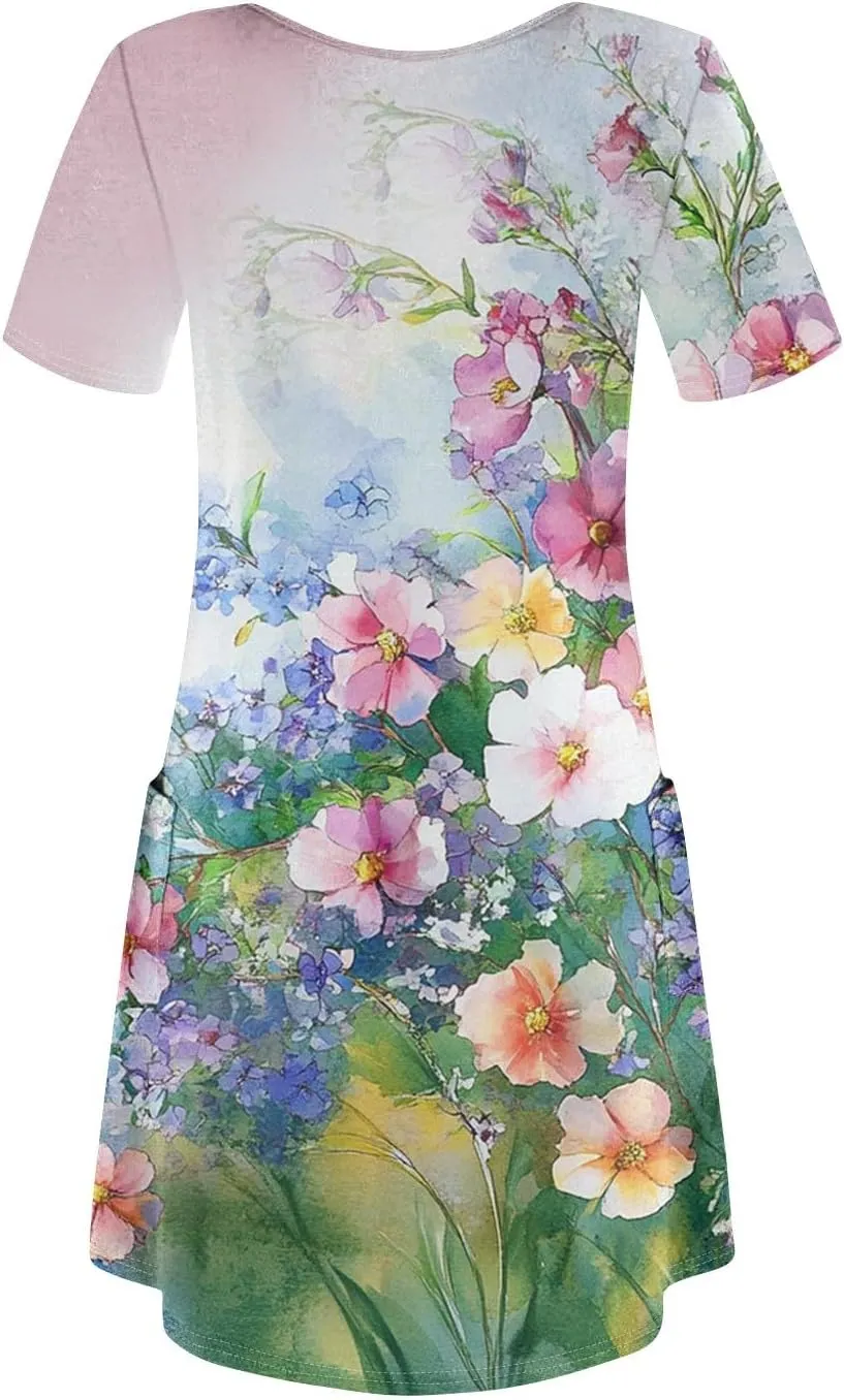 Summer Dresses for Women V Neck Swimsuit Coverup Floral Sundresses Casual Short Sleeve T Shirt Dress Loose with Pockets