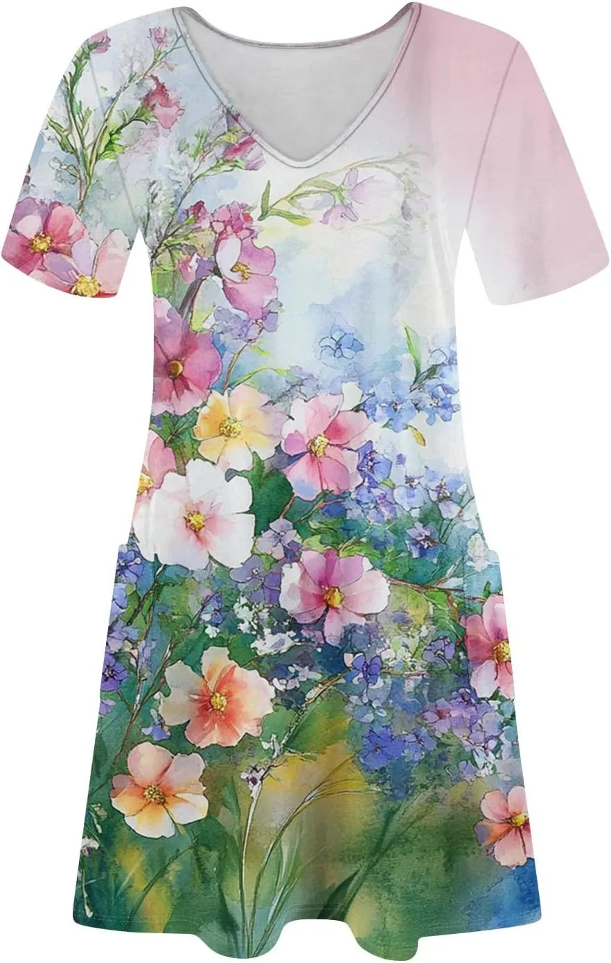 Summer Dresses for Women V Neck Swimsuit Coverup Floral Sundresses Casual Short Sleeve T Shirt Dress Loose with Pockets