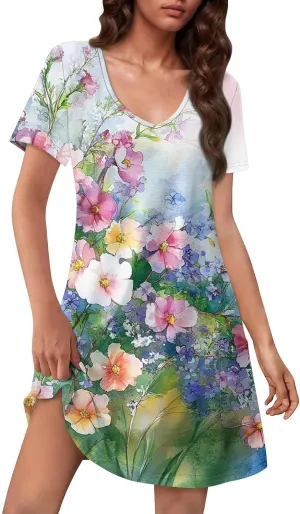 Summer Dresses for Women V Neck Swimsuit Coverup Floral Sundresses Casual Short Sleeve T Shirt Dress Loose with Pockets