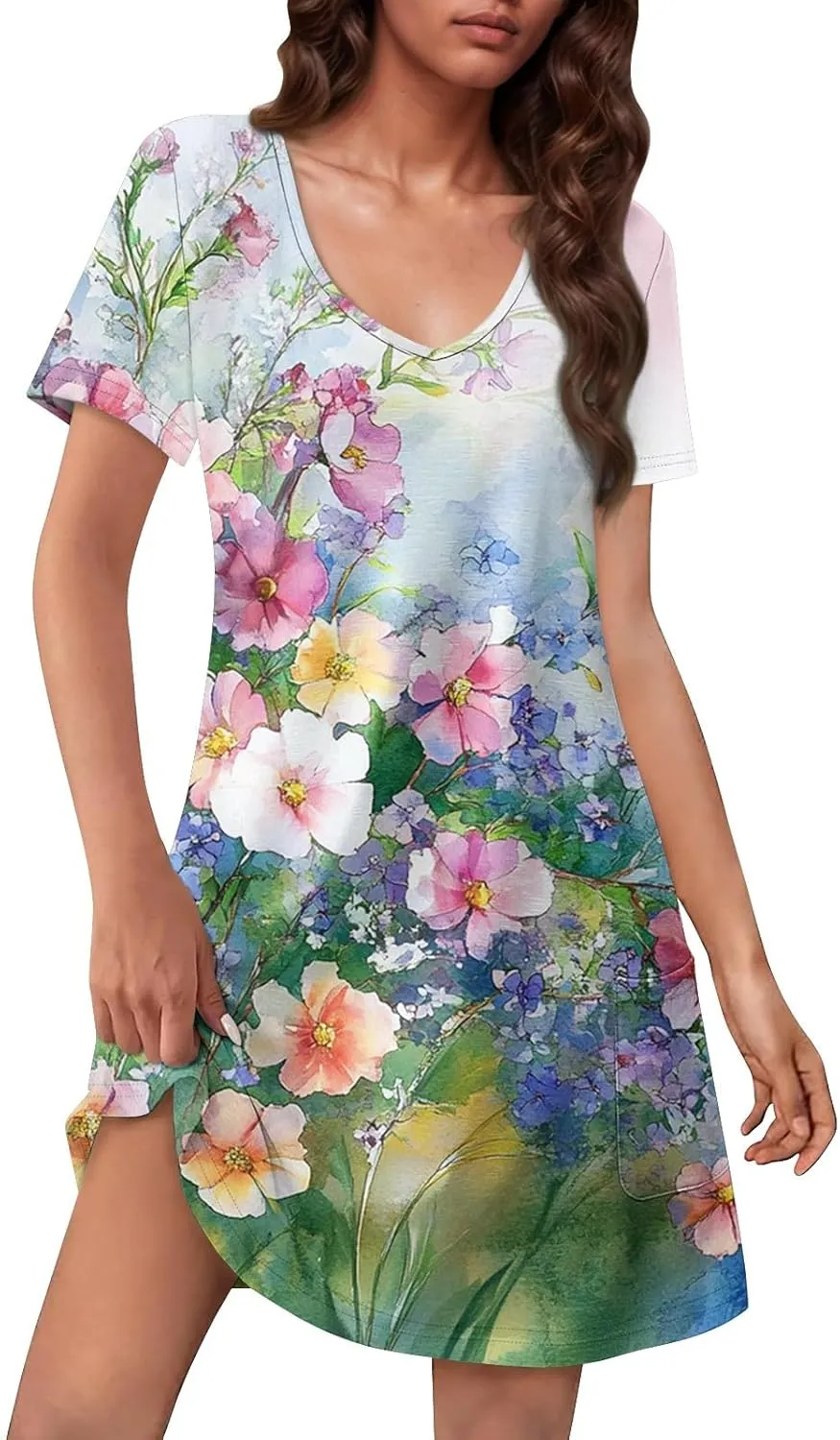 Summer Dresses for Women V Neck Swimsuit Coverup Floral Sundresses Casual Short Sleeve T Shirt Dress Loose with Pockets