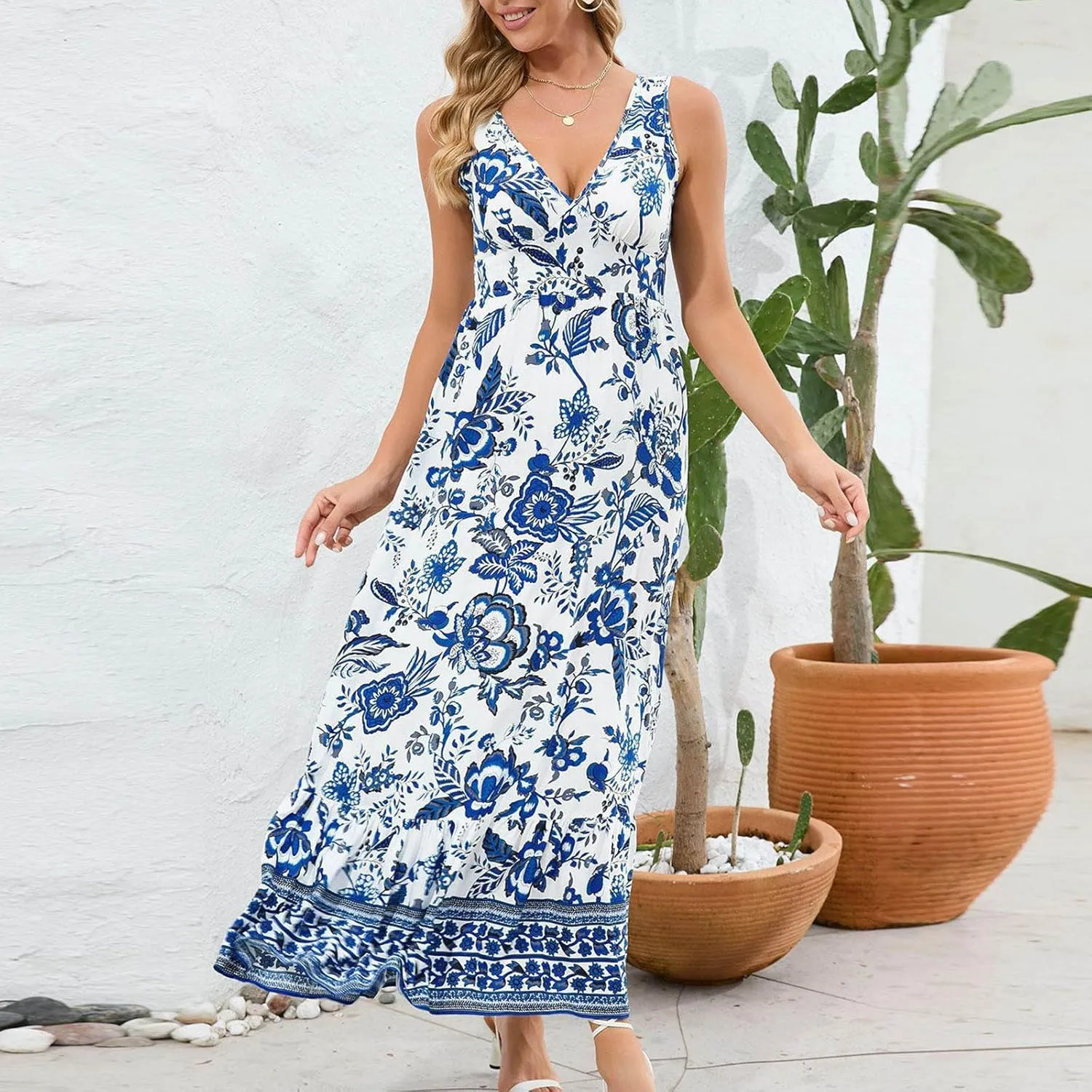 Summer Dresses Women Sexy V Neck Vintage Floral Print Slim Long Dress Fashion Sleeveless Casual 2025 Maxi Dresses