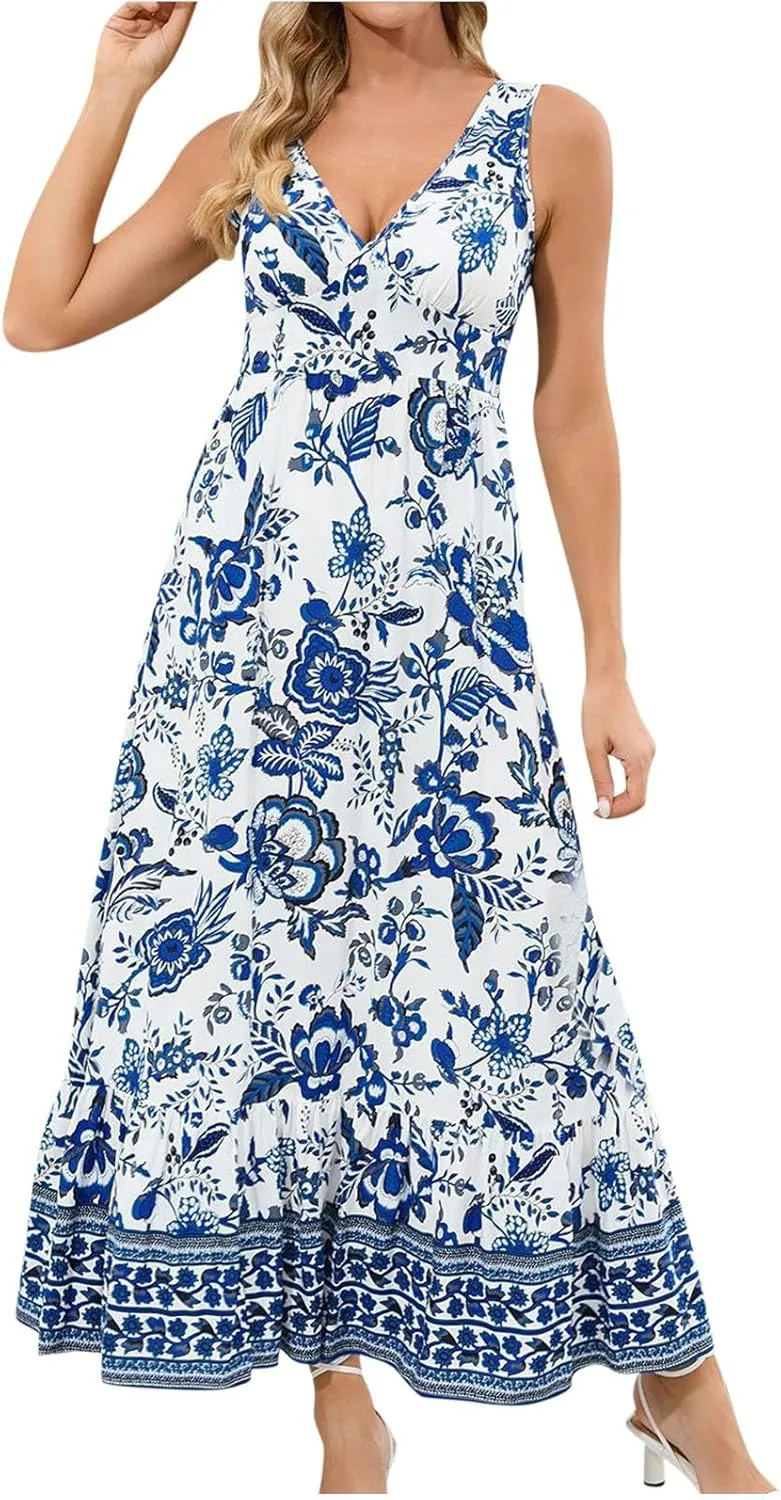 Summer Dresses Women Sexy V Neck Vintage Floral Print Slim Long Dress Fashion Sleeveless Casual 2025 Maxi Dresses