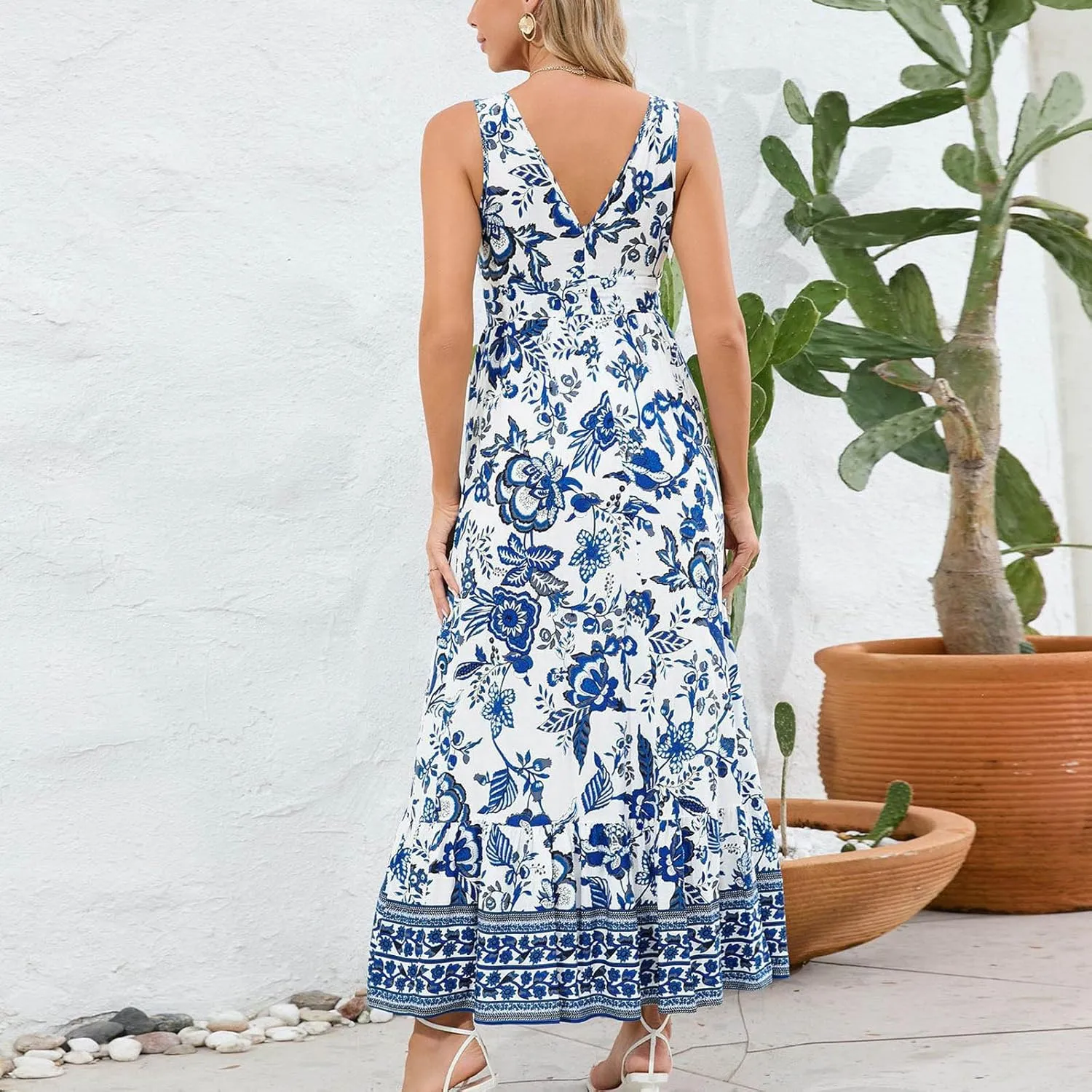 Summer Dresses Women Sexy V Neck Vintage Floral Print Slim Long Dress Fashion Sleeveless Casual 2025 Maxi Dresses