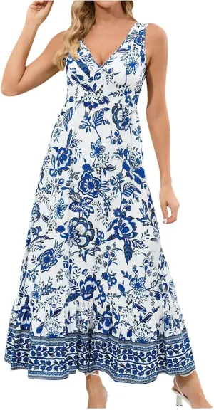 Summer Dresses Women Sexy V Neck Vintage Floral Print Slim Long Dress Fashion Sleeveless Casual 2025 Maxi Dresses