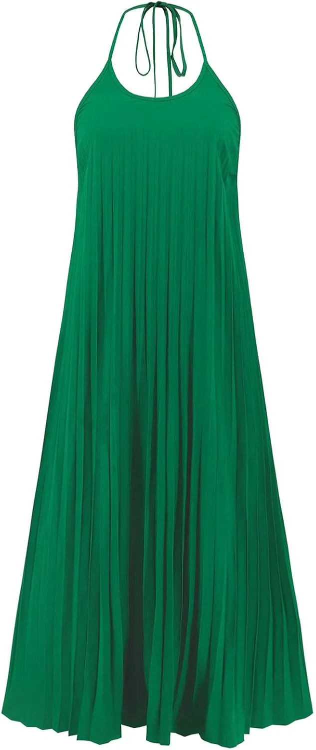 Summer Halter Sundress for Women Hawaiian Vacation Party Beach Dress Sexy Casual Backless Flowy Pleated Maxi Dresses