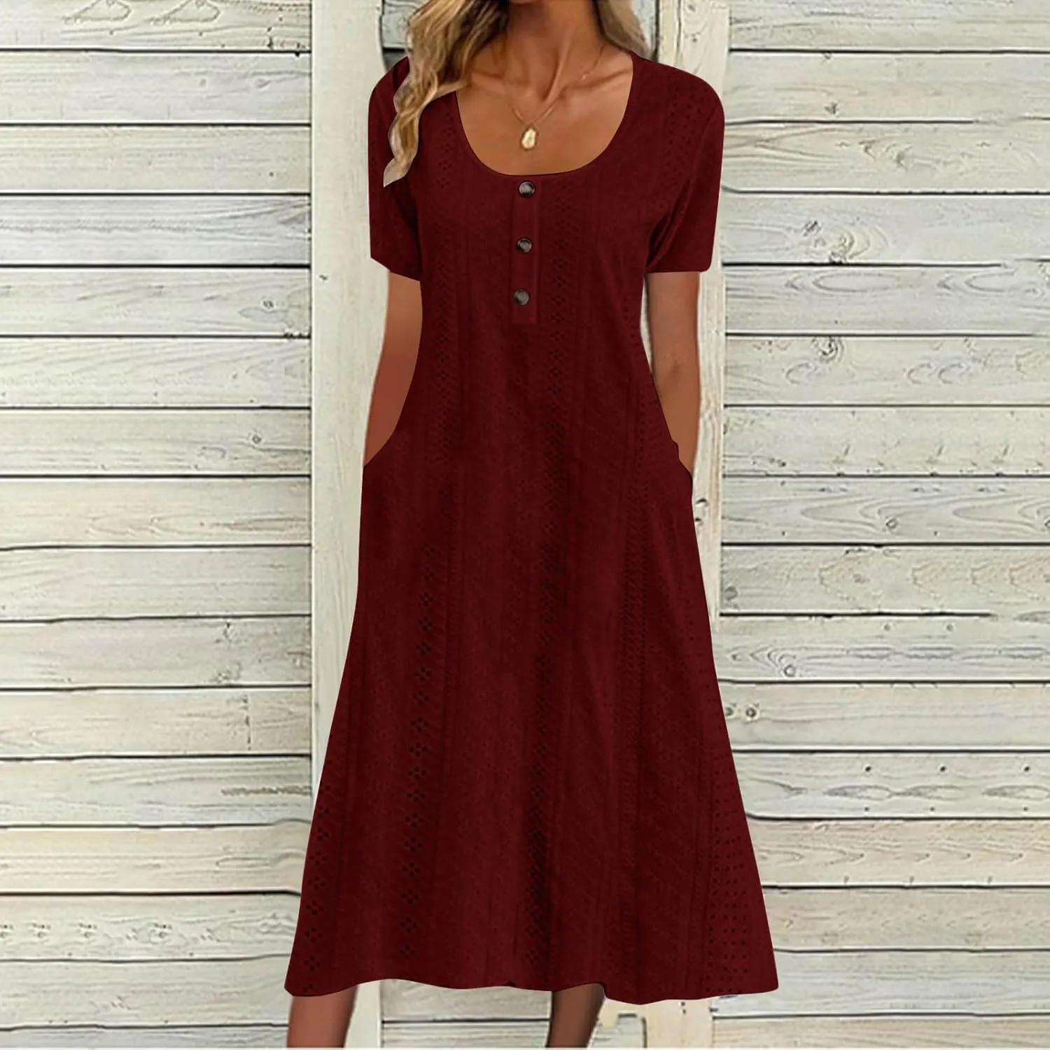 Summer Midi Dresses for Women Trendy Short Sleeve Boho Eyelet Dresses Flowy Casual Swing Beach Sundress with Pockets
