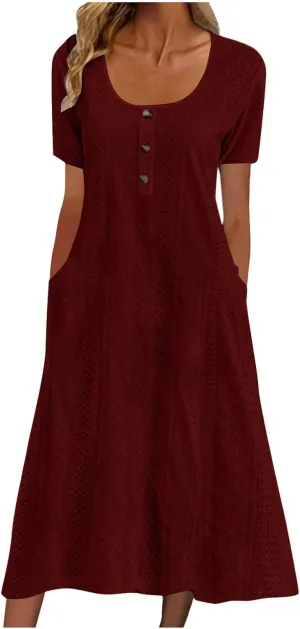 Summer Midi Dresses for Women Trendy Short Sleeve Boho Eyelet Dresses Flowy Casual Swing Beach Sundress with Pockets