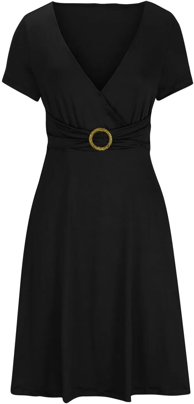 Sun Dresses for Women 2024 Trendy V-Neck Swing Dress Empire Waist Elegant Short Sleeve Party Club Mini Dress