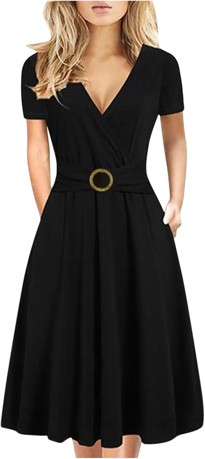 Sun Dresses for Women 2024 Trendy V-Neck Swing Dress Empire Waist Elegant Short Sleeve Party Club Mini Dress