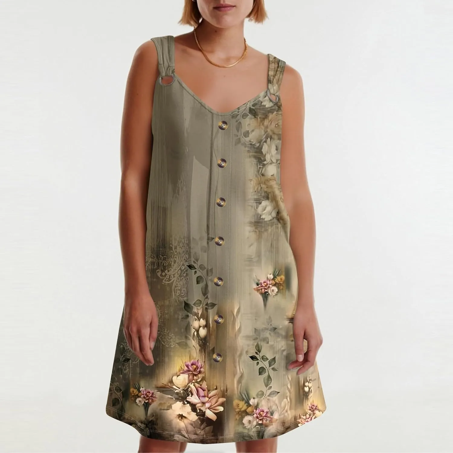 Sun Dresses for Women 2025 Summer Midi Buttons Sleeveless Dress V Neck Slip Glam Beach Tank Dress with Pocket