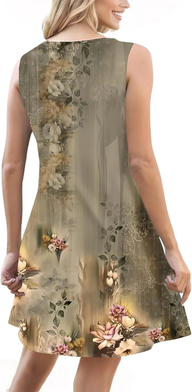 Sun Dresses for Women 2025 Summer Midi Buttons Sleeveless Dress V Neck Slip Glam Beach Tank Dress with Pocket
