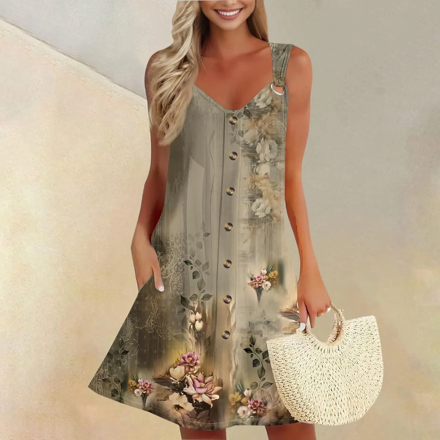 Sun Dresses for Women 2025 Summer Midi Buttons Sleeveless Dress V Neck Slip Glam Beach Tank Dress with Pocket