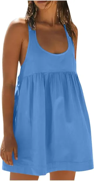 Sun Dresses for Women 2025 Vacation Beach Sleeveless Scoop Neck Mini Dress Summer Casual Loose Fit Babydoll Sundress