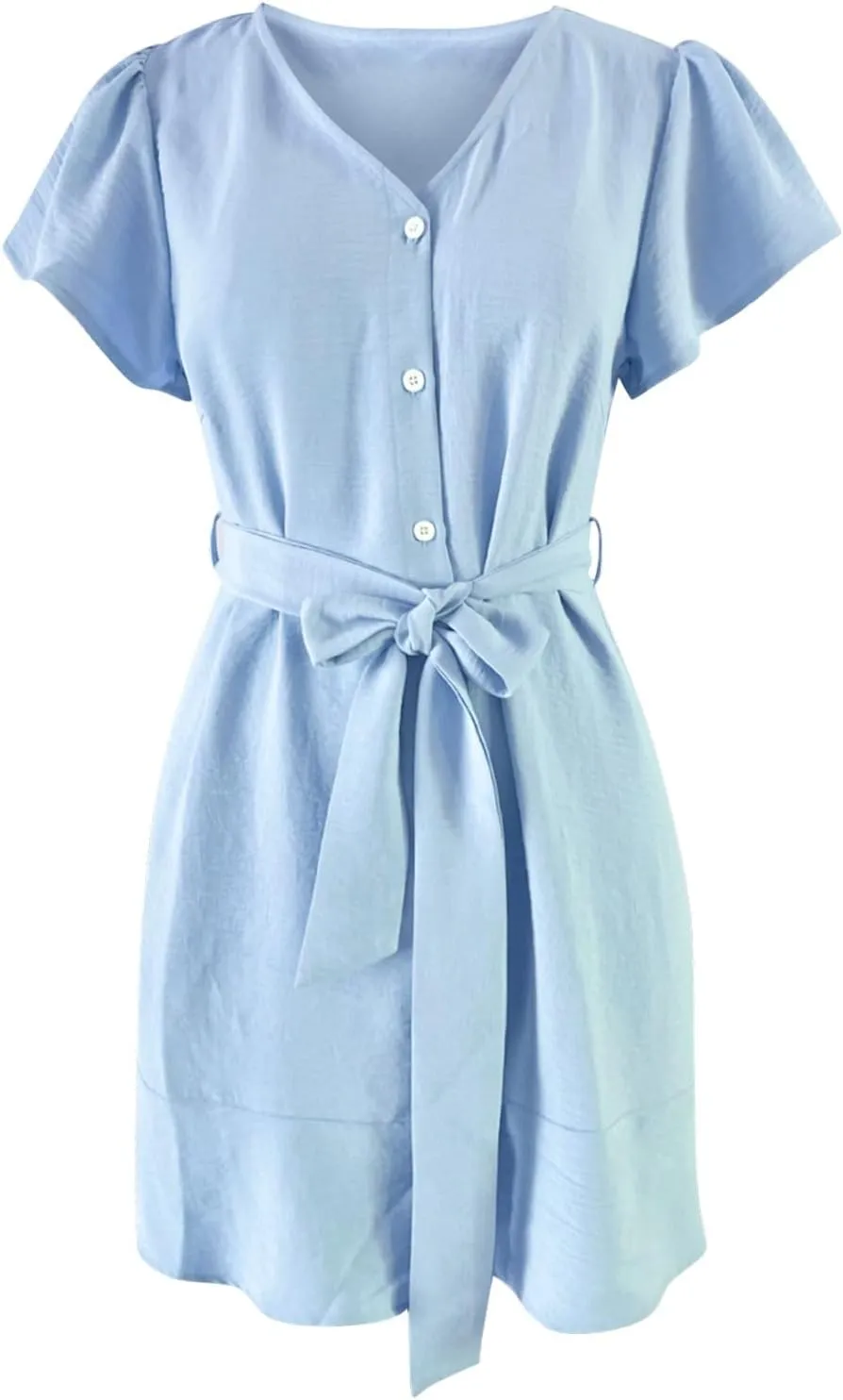 Sun Dresses for Women 2025 Vacation Summer V Neck Short Sleeve Casual Midi Dress Buttons Tie Waist Ruffle Swing Dress