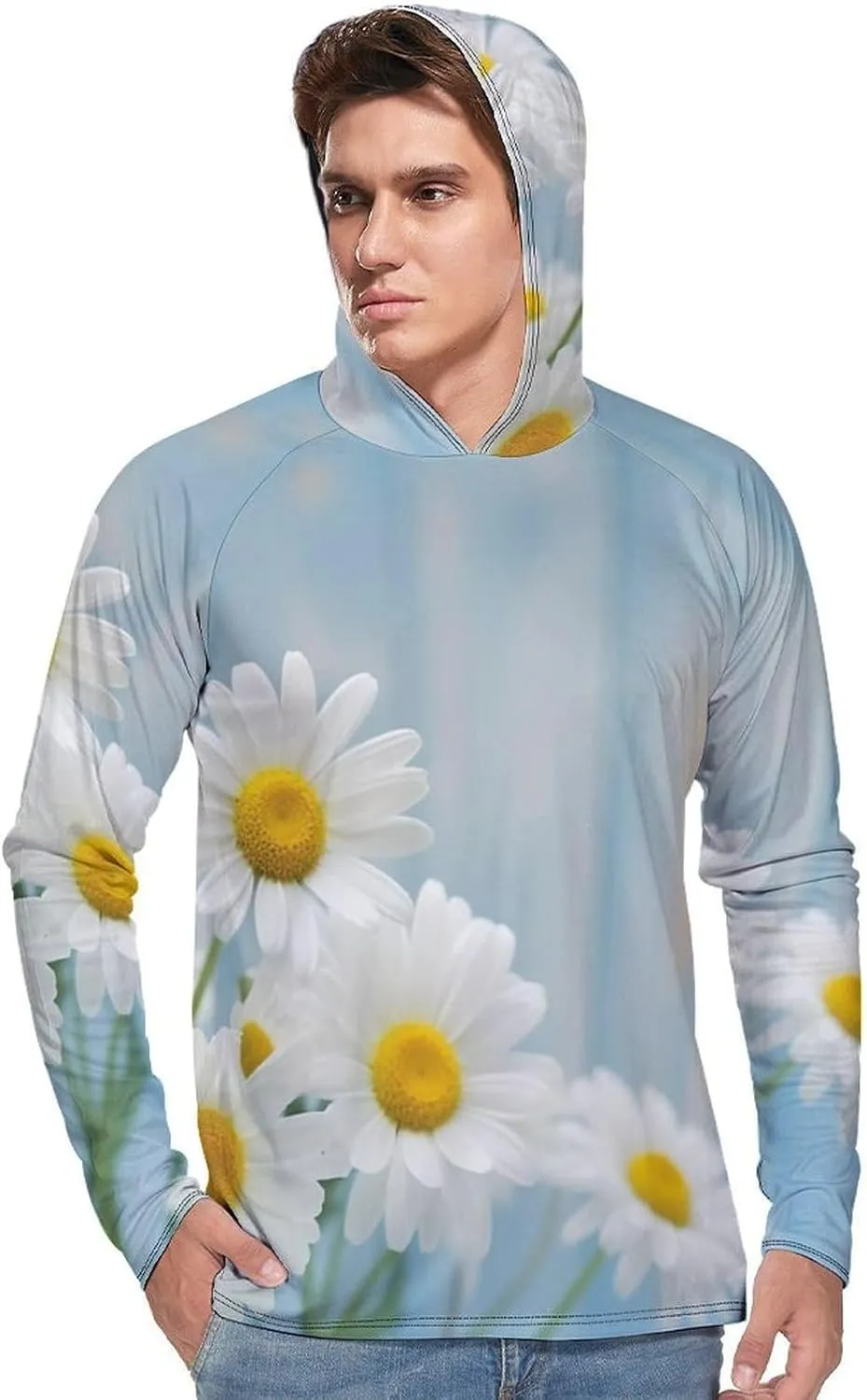 Sun Protection Shirt Long Sleeve Hoodie Elegant Spring Daisy Flowers Lightweight Rash Guard Quick Dry Sun Shirt for Outdoor