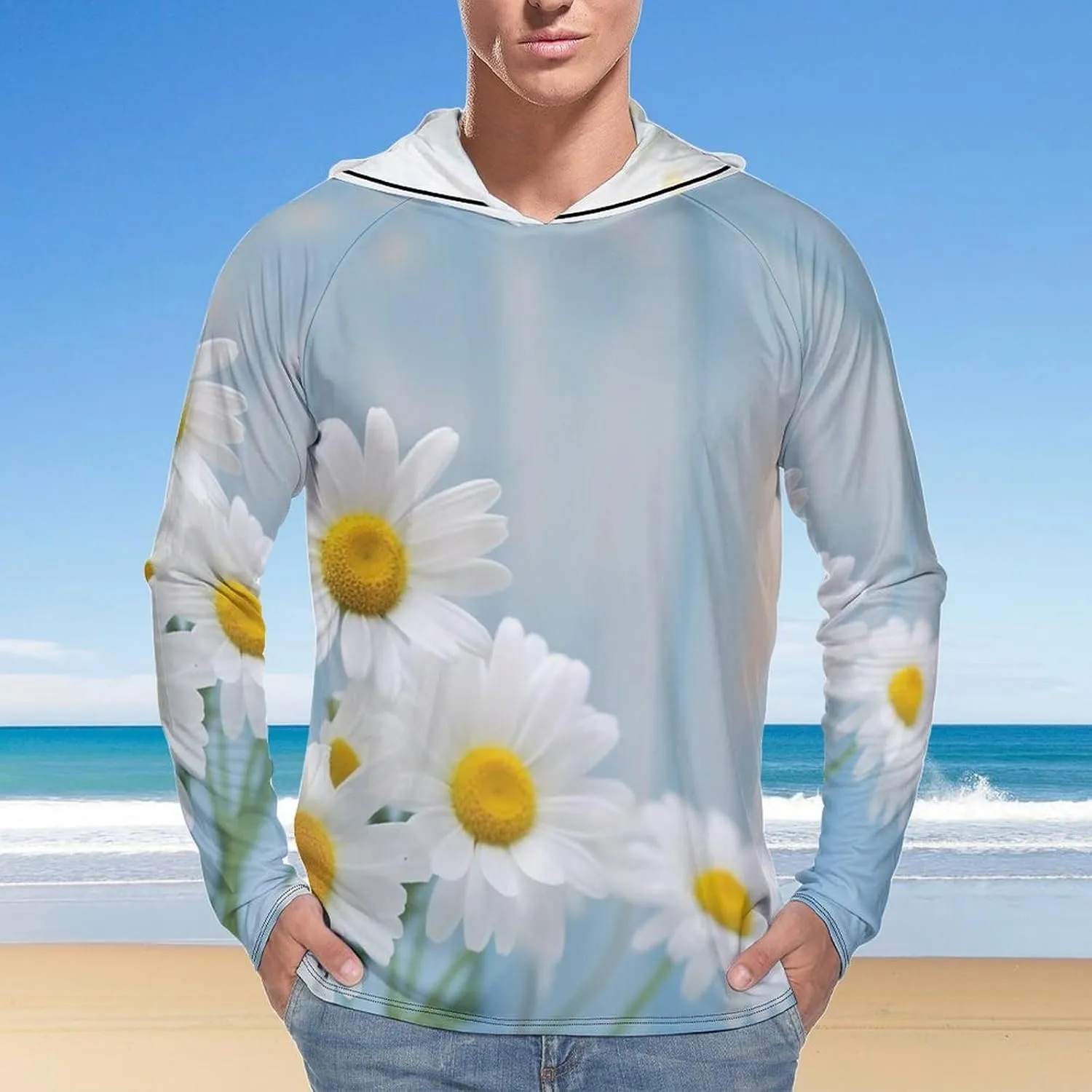 Sun Protection Shirt Long Sleeve Hoodie Elegant Spring Daisy Flowers Lightweight Rash Guard Quick Dry Sun Shirt for Outdoor
