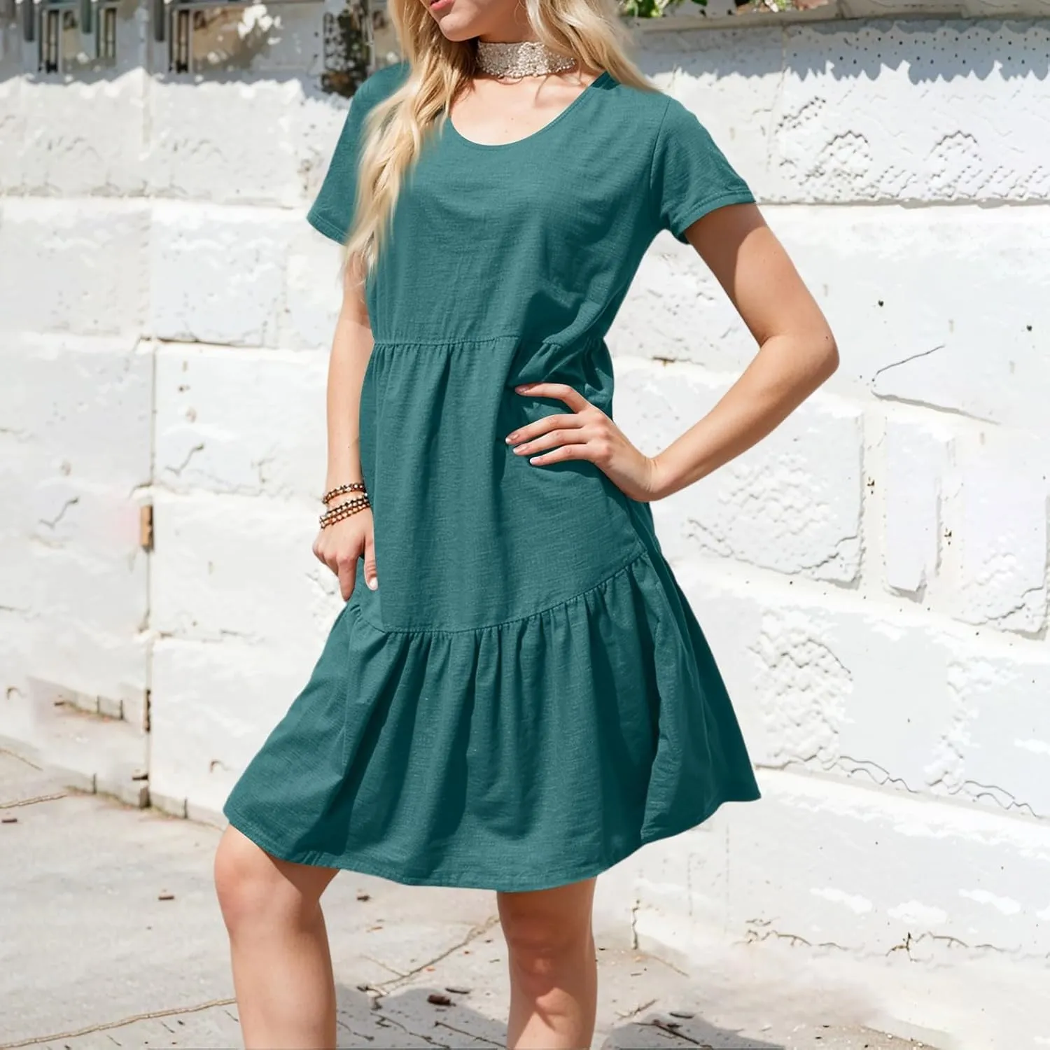 Sundresses for Women 2025 Tiered Flowy A Line Tshirt Dress Summer Loose Casual Boho Beach Cake Dresses with Pockets