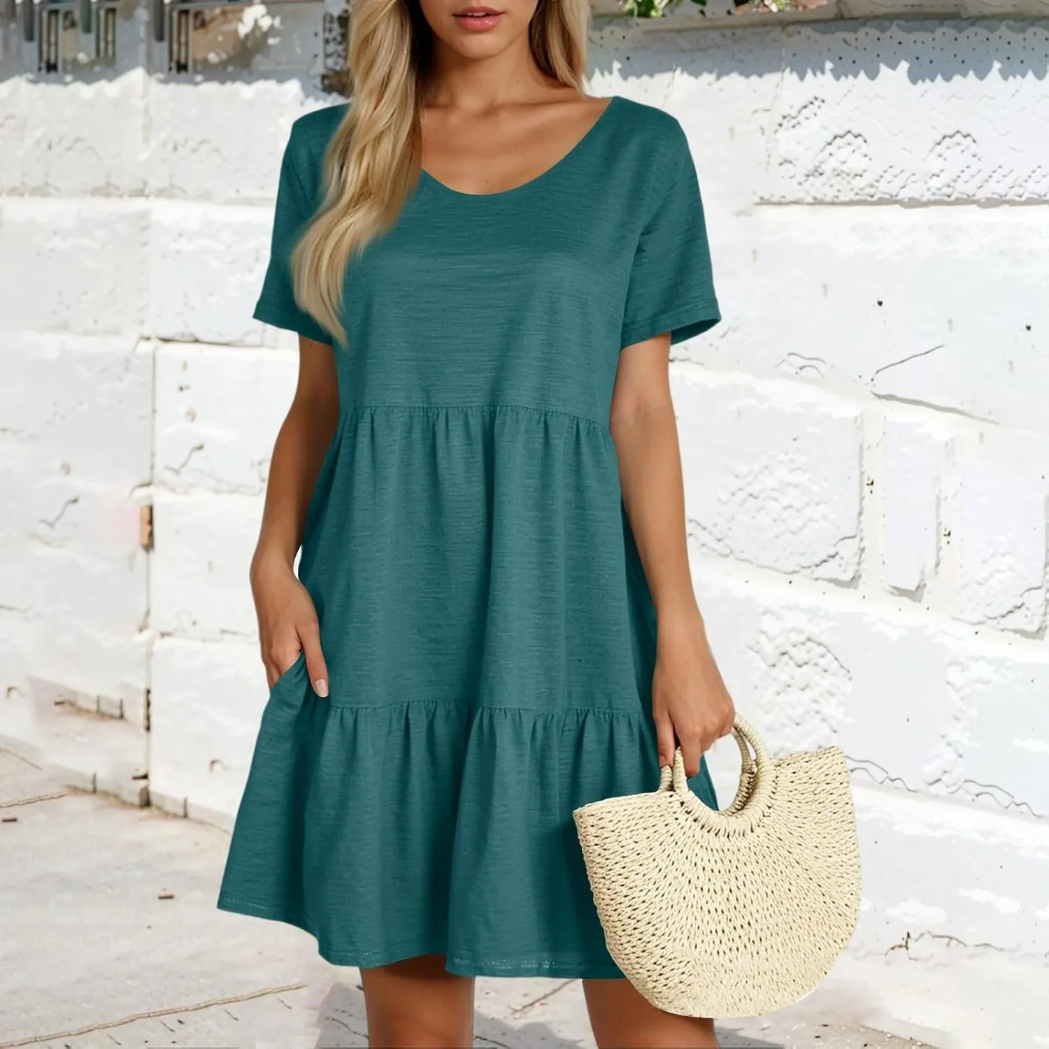 Sundresses for Women 2025 Tiered Flowy A Line Tshirt Dress Summer Loose Casual Boho Beach Cake Dresses with Pockets