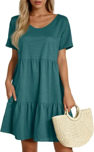 Sundresses for Women 2025 Tiered Flowy A Line Tshirt Dress Summer Loose Casual Boho Beach Cake Dresses with Pockets