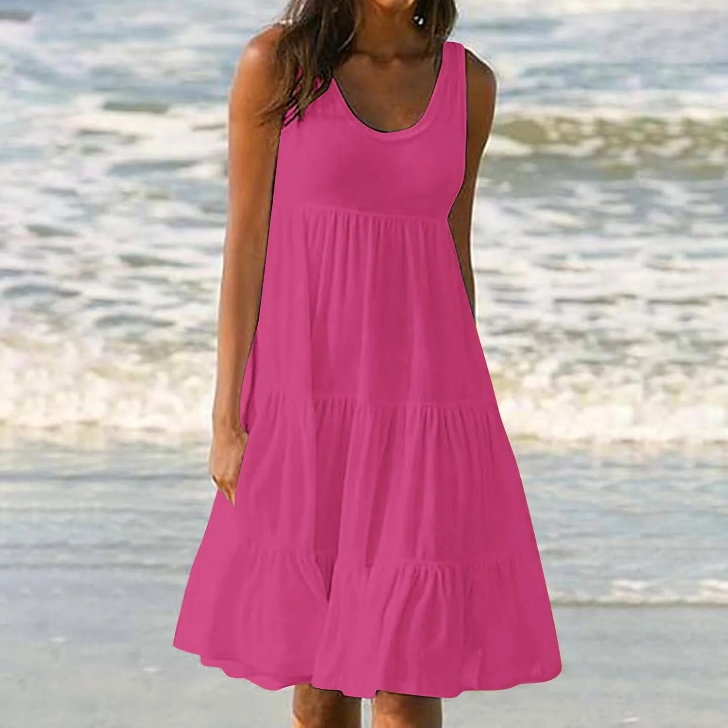 Sundresses for Women 2025 Vacation Summer Beach Dresses Casual Flowy Knee Length Tshirt Dress Sleeveless Ruffle Dress