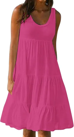 Sundresses for Women 2025 Vacation Summer Beach Dresses Casual Flowy Knee Length Tshirt Dress Sleeveless Ruffle Dress