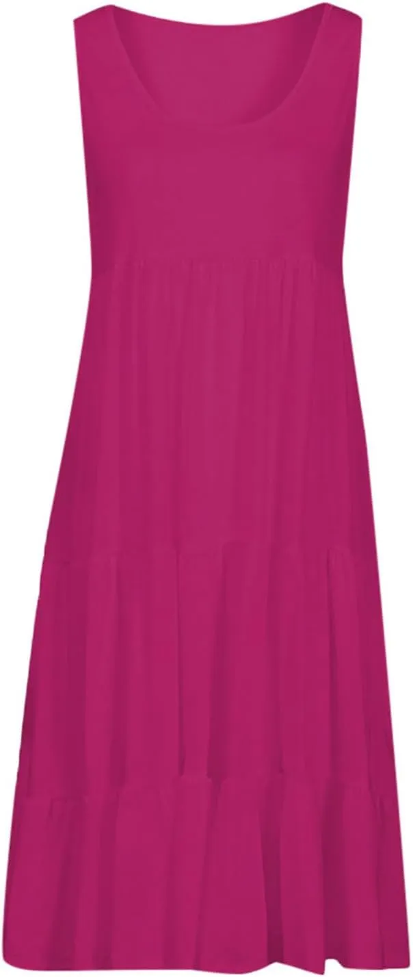 Sundresses for Women 2025 Vacation Summer Beach Dresses Casual Flowy Knee Length Tshirt Dress Sleeveless Ruffle Dress