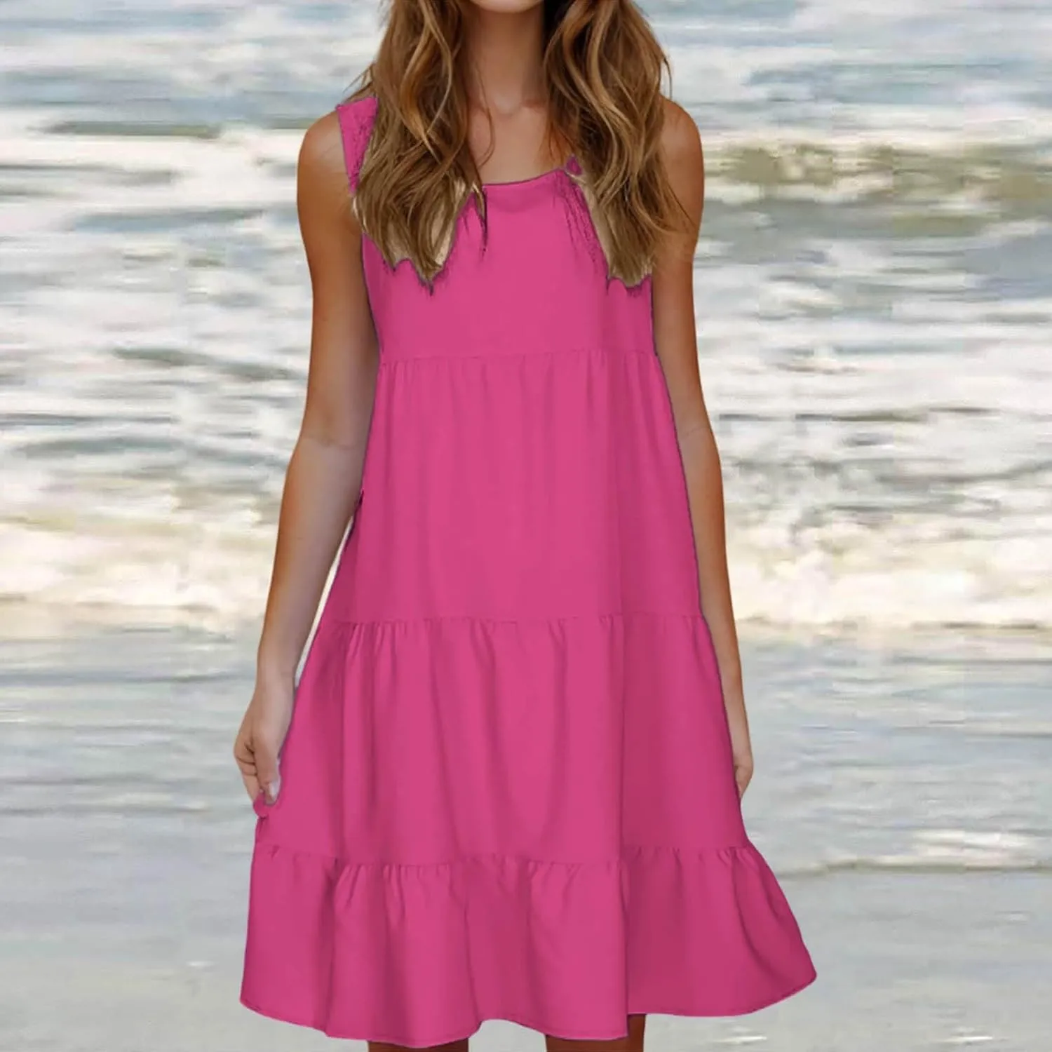 Sundresses for Women 2025 Vacation Summer Beach Dresses Casual Flowy Knee Length Tshirt Dress Sleeveless Ruffle Dress