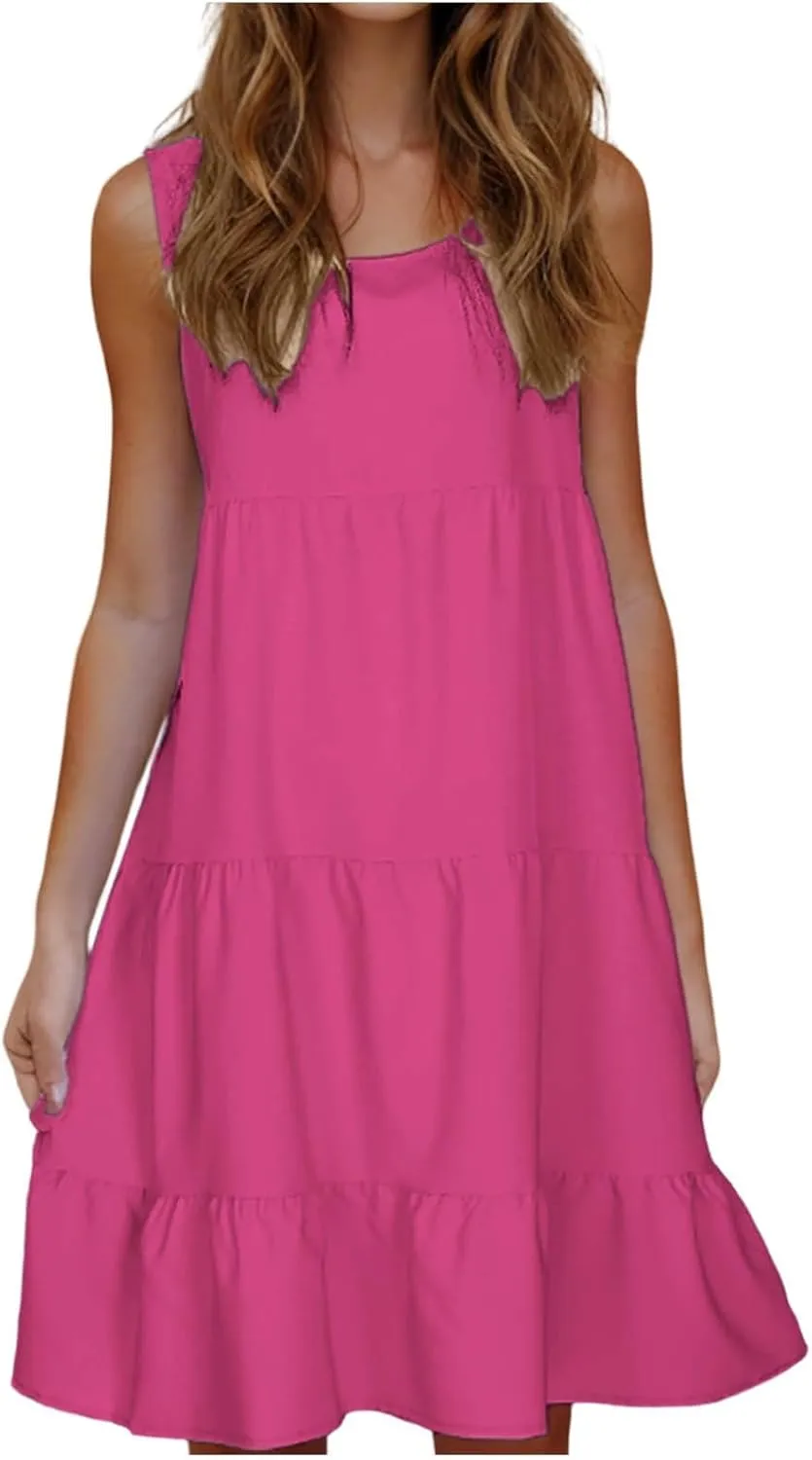 Sundresses for Women 2025 Vacation Summer Beach Dresses Casual Flowy Knee Length Tshirt Dress Sleeveless Ruffle Dress