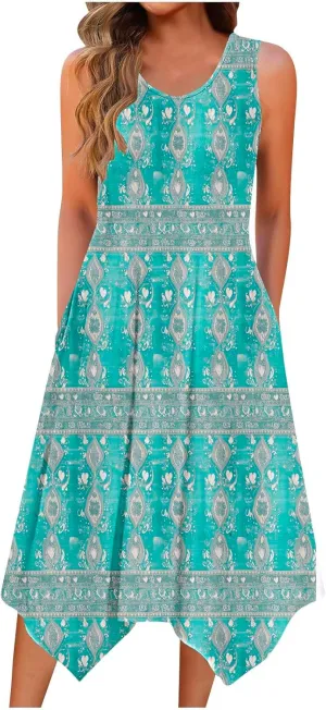 Sundresses for Women Sleeveless Vintage Boho Floral Print Beach Dresses Loose Casual Trendy Summer Tank Dress
