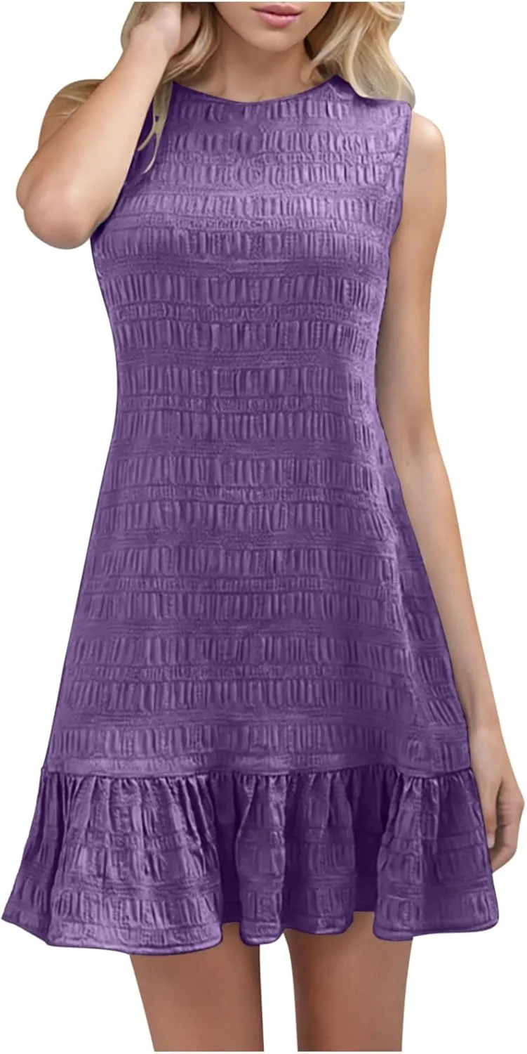Sundresses for Women Summer Casual Dress Mini Beach Dresses Sexy Sleeveless Tank Dress Trendy Smocked Ruffle Dresses