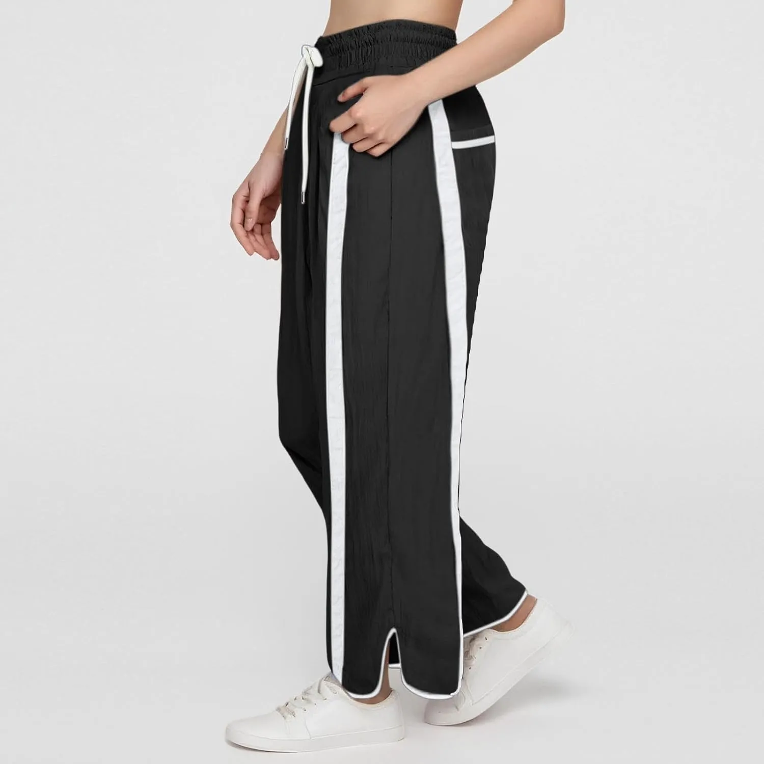 Sweatpants Women Stripe Plus Size Drawstring High Waist Casual Palazzo Pants Straight Wide Leg Trousers with Pocket