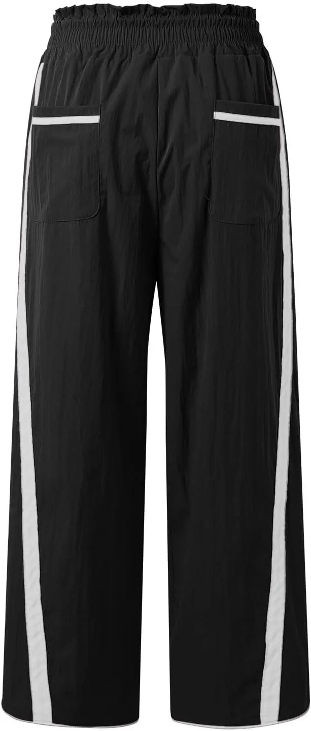 Sweatpants Women Stripe Plus Size Drawstring High Waist Casual Palazzo Pants Straight Wide Leg Trousers with Pocket