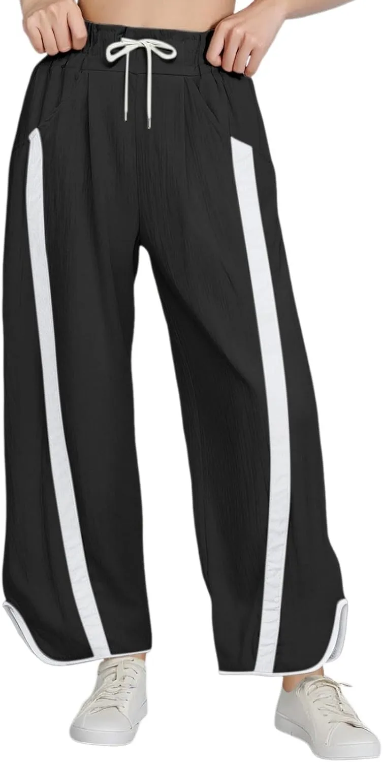 Sweatpants Women Stripe Plus Size Drawstring High Waist Casual Palazzo Pants Straight Wide Leg Trousers with Pocket
